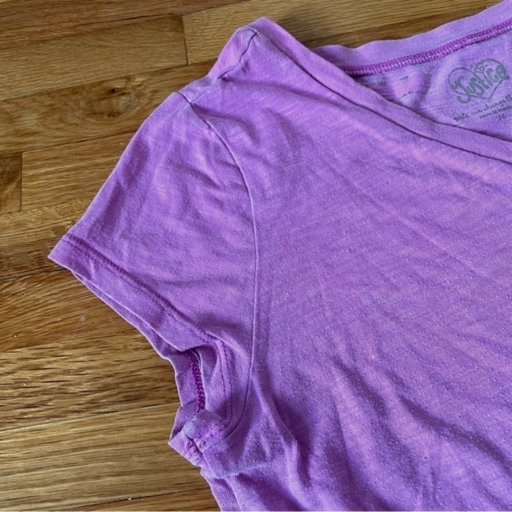 4/$25 Justice purple v neck t-shirt short sleeve girls size 16 - Picture 4 of 10